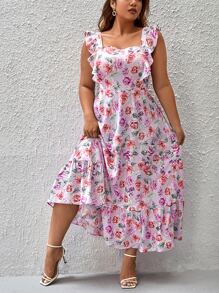 SHEIN VCAY Plus Allover Floral Print Ruffle Trim Dress - Multicolor - View 4