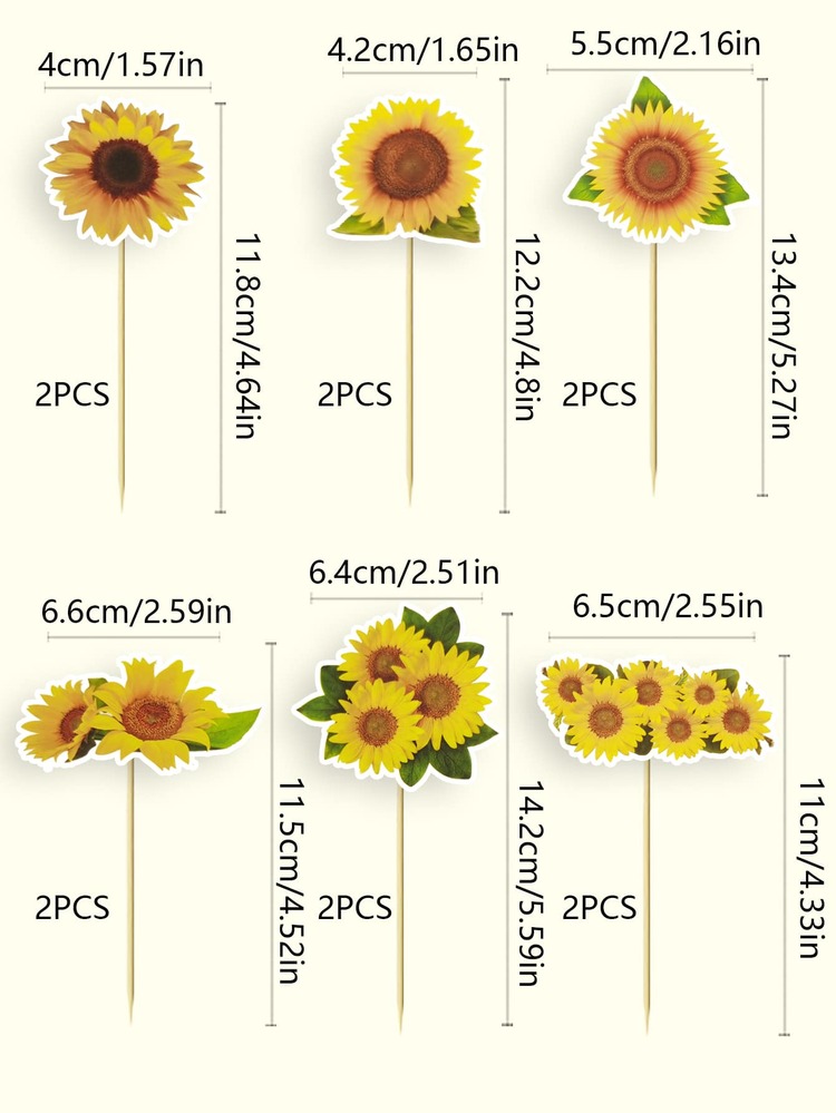 12 cái/bộ Giấy Trang Trí Bánh Topper, Thiết Kế Hình Hoa Hướng Dương Trang Trí Trên Bánh Cho Bữa Tiệc - Nhiều màu - Xem 2