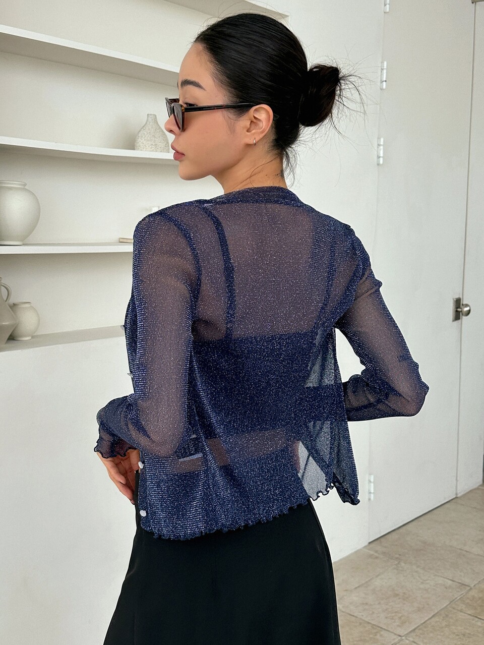 Button Front Mesh Top Without Bra