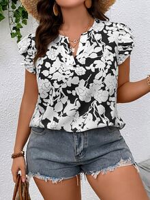 SHEIN Holidaya 大碼印花缺口領蝴蝶袖襯衫 - 黑色 - 查看 5