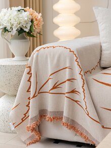 1入組葉子圖案流蘇裝飾沙發巾現代流蘇裝飾設計家用毛巾套 - 橘色 - 查看 2