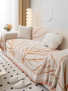 1入組葉子圖案流蘇裝飾沙發巾現代流蘇裝飾設計家用毛巾套 - 橘色 - 查看 3