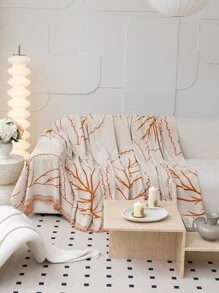 1入組葉子圖案流蘇裝飾沙發巾現代流蘇裝飾設計家用毛巾套 - 橘色 - 查看 5