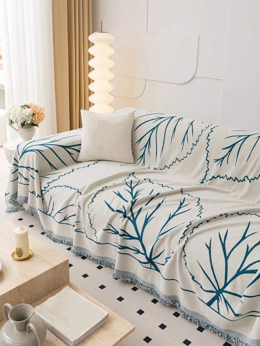 1pc Leaf Pattern Sofa Towel, Modern Polyester Fringe Trim Sofa Cover Blanket For Home - Blue - View 1