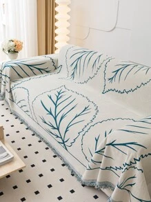 1pc Leaf Pattern Sofa Towel, Modern Polyester Fringe Trim Sofa Cover Blanket For Home - Blue - View 3