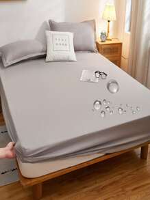 1pc Solid Color Fitted Sheet, Minimalist Fabric Waterproof Fitted Bottom Sheet For Bedroom - Blue - View 1