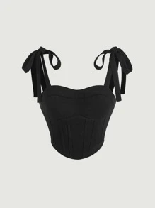 SHEIN MOD 肩上打結弧形下擺吊帶上衣 - 黑色 - 查看 1