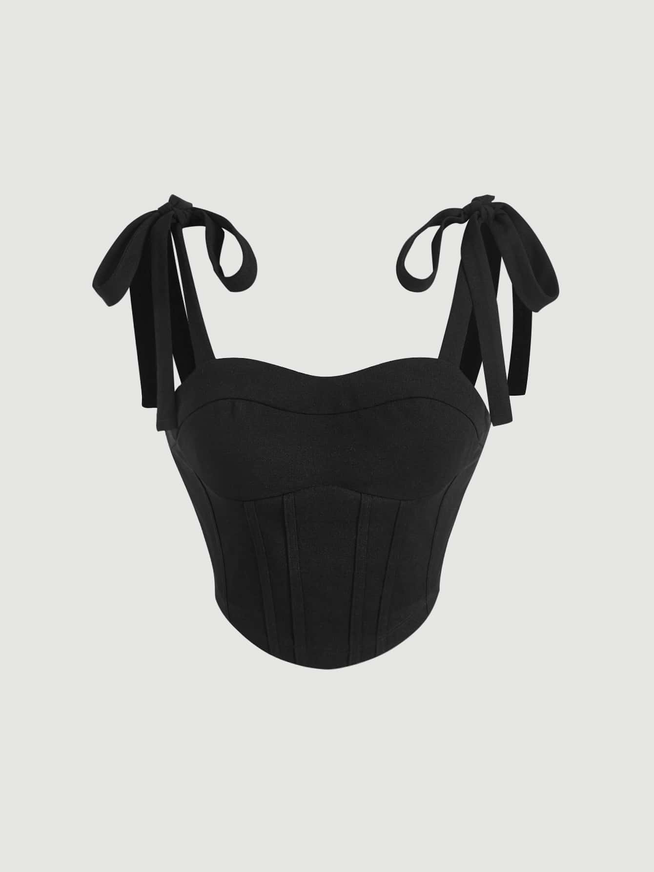 SHEIN MOD 肩上打結弧形下擺吊帶上衣 - 黑色 - 查看 1