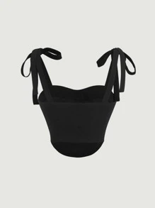 SHEIN MOD 肩上打結弧形下擺吊帶上衣 - 黑色 - 查看 2