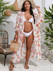 SHEIN Swim Curve 大碼印花蝙蝠袖下擺開叉和服罩衫 - 彩色 - 查看 1