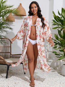 SHEIN Swim Curve 大碼印花蝙蝠袖下擺開叉和服罩衫 - 彩色 - 查看 3