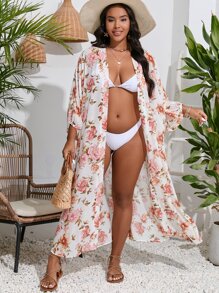 SHEIN Swim Curve 大碼印花蝙蝠袖下擺開叉和服罩衫 - 彩色 - 查看 4