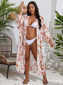 SHEIN Swim Curve 大碼印花蝙蝠袖下擺開叉和服罩衫 - 彩色 - 查看 5