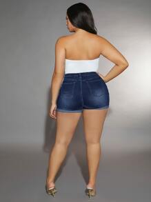 SHEIN SXY 大碼破洞卷邊牛仔短褲 - 深色水洗藍 - 查看 2