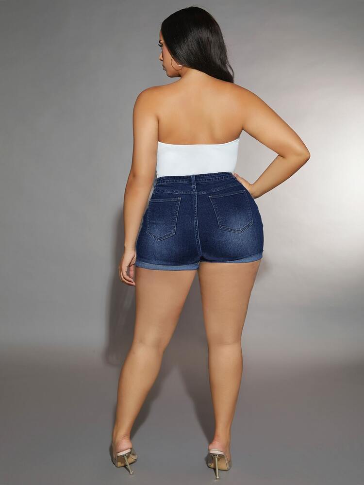 SHEIN SXY 大碼破洞卷邊牛仔短褲 - 深色水洗藍 - 查看 2