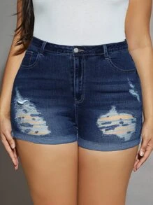 SHEIN SXY 大碼破洞卷邊牛仔短褲 - 深色水洗藍 - 查看 3