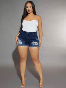 SHEIN SXY 大碼破洞卷邊牛仔短褲 - 深色水洗藍 - 查看 5