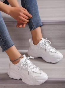 女士繫帶粗運動戶外白色運動鞋 - 白色 - 查看 1
