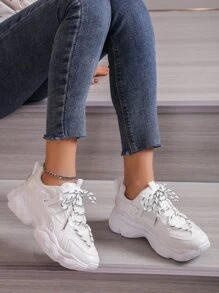 女士繫帶粗運動戶外白色運動鞋 - 白色 - 查看 2