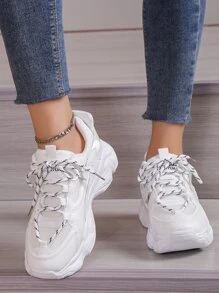 女士繫帶粗運動戶外白色運動鞋 - 白色 - 查看 3