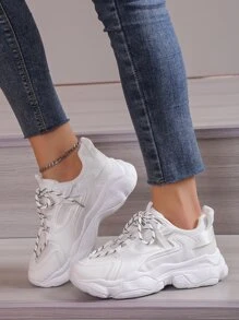 女士繫帶粗運動戶外白色運動鞋 - 白色 - 查看 4