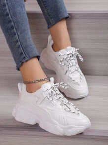 女士繫帶粗運動戶外白色運動鞋 - 白色 - 查看 5