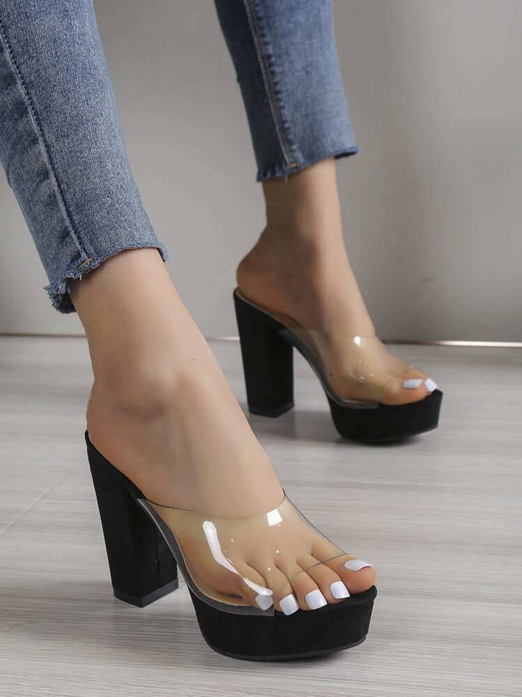 Sandalias de tacón alto de unicolor para mujer de talla grande, tacones altos con plataforma - transparente - Añade 1