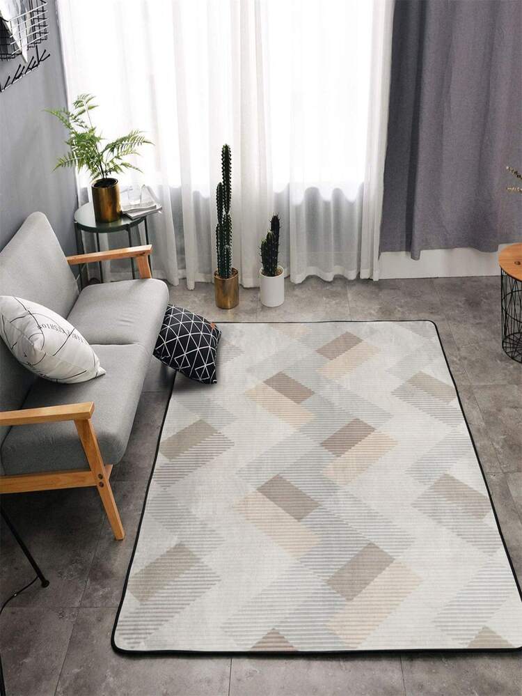 1入組滌綸地毯現代幾何圖案防滑臥室地毯適用於客廳 - 灰色 - 查看 4