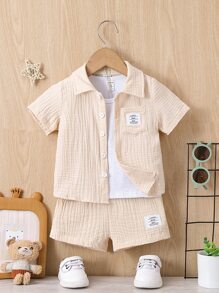 SHEIN Baby Boy Letter Patched Detail Pocket Front Shirt & Shorts Without Tee - Apricot - View 1