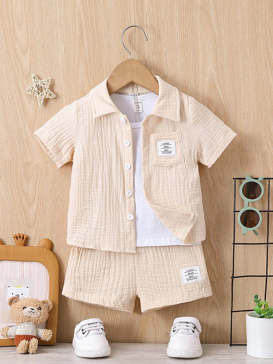 SHEIN Baby Boy Letter Patched Detail Pocket Front Shirt & Shorts Without Tee - Apricot - View 1