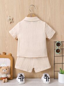 SHEIN Baby Boy Letter Patched Detail Pocket Front Shirt & Shorts Without Tee - Apricot - View 2