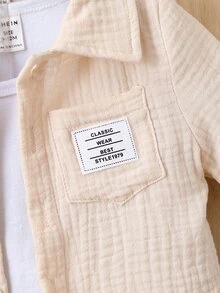 SHEIN Baby Boy Letter Patched Detail Pocket Front Shirt & Shorts Without Tee - Apricot - View 3