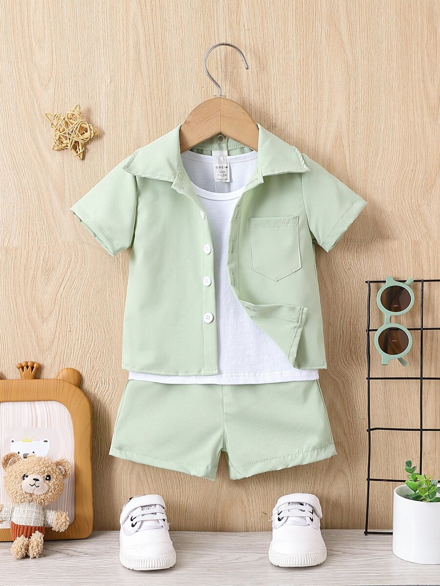 SHEIN Baby Boy Patched Pocket Shirt & Shorts Without Tee - Green - View 1