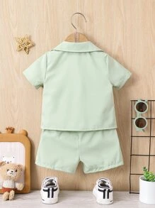 SHEIN Baby Boy Patched Pocket Shirt & Shorts Without Tee - Green - View 2