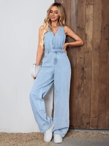 SHEIN Frenchy Solid Wide Leg Denim Jumpsuit Summer Casual - Light Wash - View 1