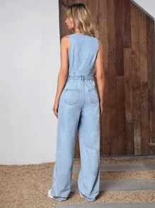 SHEIN Frenchy Solid Wide Leg Denim Jumpsuit Summer Casual - Light Wash - View 2