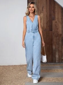 SHEIN Frenchy Solid Wide Leg Denim Jumpsuit Summer Casual - Light Wash - View 3
