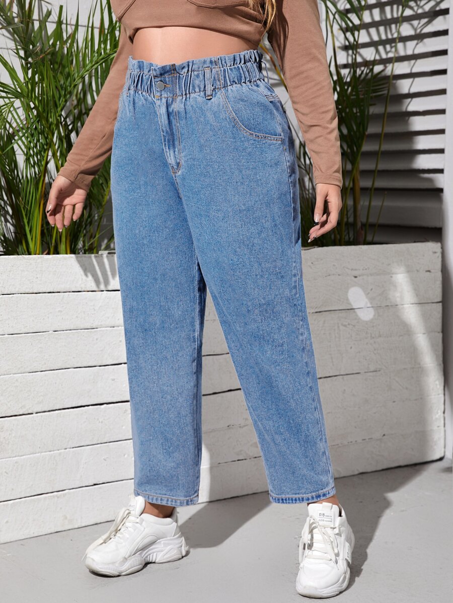 SHEIN Essnce 大碼紙袋腰牛仔褲 - 淺色水洗藍 - 查看 1