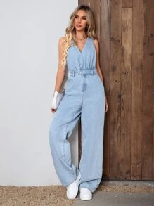 SHEIN Frenchy Solid Wide Leg Denim Jumpsuit Summer Casual - Light Wash - View 5