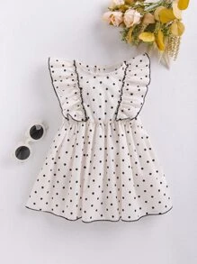 Baby Polka Dot Print Ruffle Trim Contrast Binding Dress - Apricot - View 1