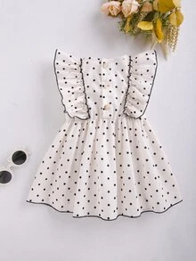 Baby Polka Dot Print Ruffle Trim Contrast Binding Dress - Apricot - View 2
