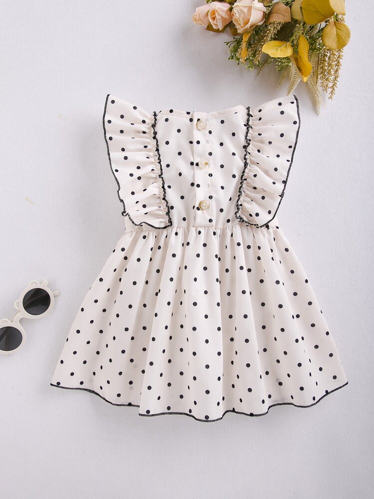 Baby Polka Dot Print Ruffle Trim Contrast Binding Dress - Apricot - View 2