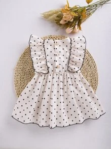Baby Polka Dot Print Ruffle Trim Contrast Binding Dress - Apricot - View 7