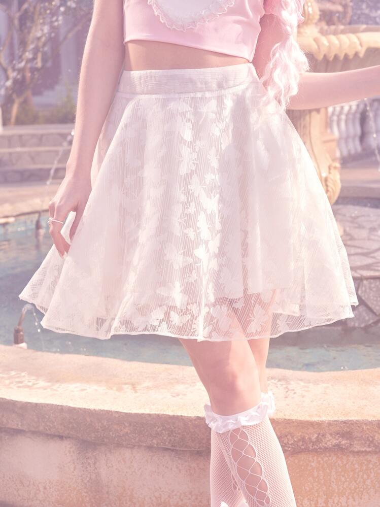 ROMWE Kawaii Allover Butterfly Print Flare Hem Skirt - White - View 1