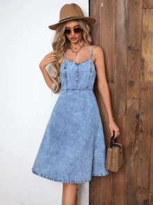 SHEIN Essnce Vestido mezclilla de tirantes unicolor - Lavado ligero - Ver 6