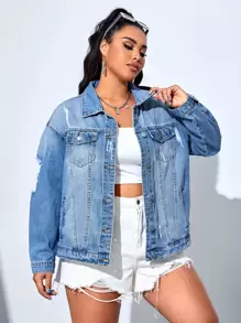 SHEIN ICON 大碼翻蓋口袋落肩袖牛仔夾克 - 淺色水洗藍 - 查看 3