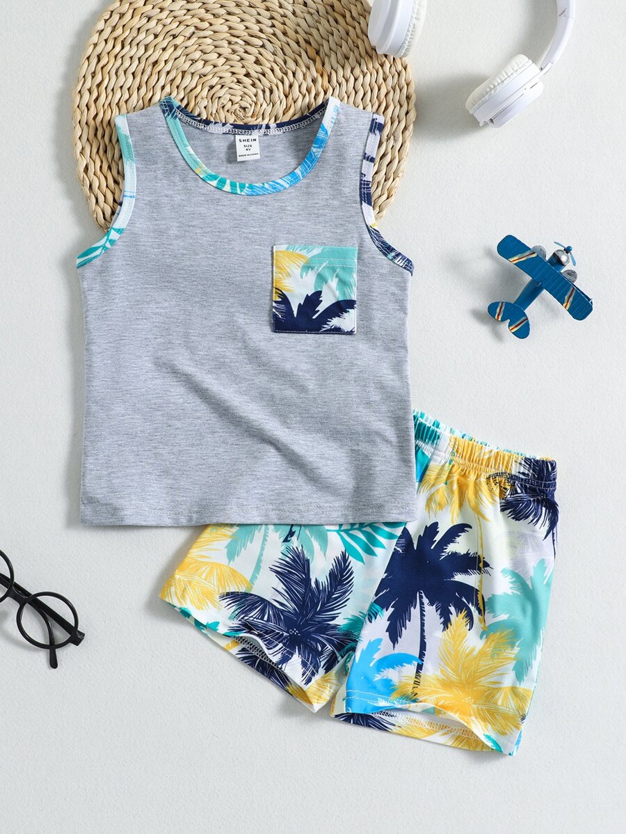 SHEIN Young Boy Tropical Print Vacation Style Simple Street Style Round Neck 2pcs/Set For Summer,Holiday,Summer,Travel - Multicolor - View 1