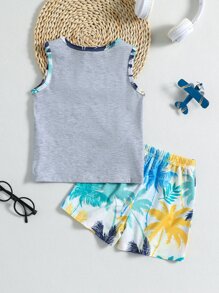 SHEIN Young Boy Tropical Print Vacation Style Simple Street Style Round Neck 2pcs/Set For Summer,Holiday,Summer,Travel - Multicolor - View 2