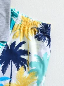 SHEIN Young Boy Tropical Print Vacation Style Simple Street Style Round Neck 2pcs/Set For Summer,Holiday,Summer,Travel - Multicolor - View 3