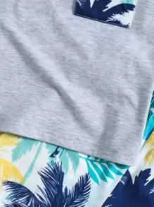 SHEIN Young Boy Tropical Print Vacation Style Simple Street Style Round Neck 2pcs/Set For Summer,Holiday,Summer,Travel - Multicolor - View 4
